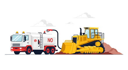 Fototapeta premium Vector illustration of a fuel tanker truck refueling a yellow bulldozer at a construction site. Concept of industrial logistics, heavy machinery maintenance, and energy supply.