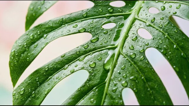 Green monstera leaf with water drops. Fresh tropical plant foliage covered in morning dew. Natural botanical texture for eco concept and environment decoration.
