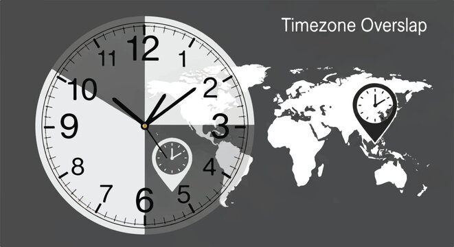 Global time zone clocks and world map collage highlighting time differences and coordination.