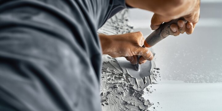 Construction worker applying plaster to drywall seams with a trowel for smooth finish