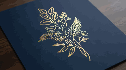 Golden floral branch illustration on dark blue background © S.Siam