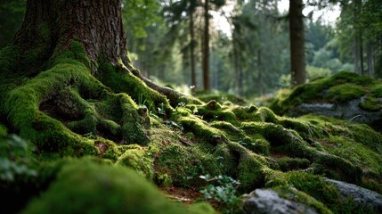 Fototapeta premium Lush Green Moss Covered Tree Roots in a Tranquil Forest Setting During Early Morning Light