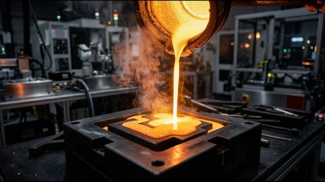 Liquid hot metal pouring into industrial mold. Metallurgical casting process in manufacturing factory. Heavy industry engineering and metalwork production sequence.