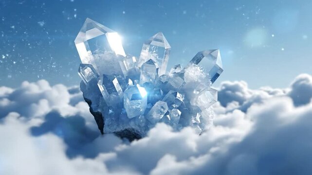 A cluster of pale blue celestite crystals floating serenely among soft white clouds in a bright blue sky.