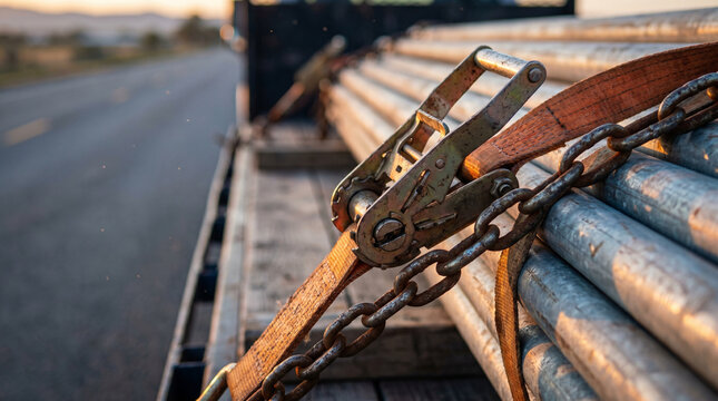 Heavy‑duty ratchet strap mechanism securing bundled metal pipes on flatbed trailer, attached to a chain, ensuring safe transport with proper load fastening under soft morning landscape lighting.