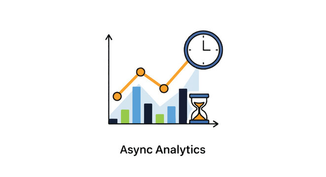 Infographic representation of asynchronous analytics with charts, clocks, and hourglass illustrating data insights and time-based performance.