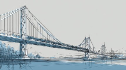 Fototapeta premium Digital line illustration of a suspension bridge outline with towering pylons and curving cables