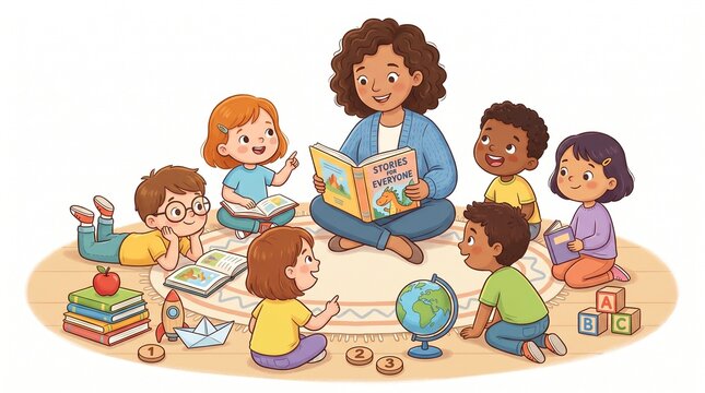 A smiling teacher reads a book titled "Stories for Everyone" to an engaged group of diverse young children sitting in a circle on a colorful rug. (152 characters)