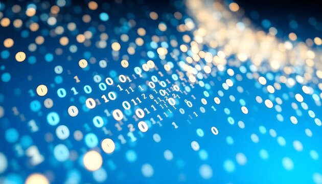 Binary code flows through a futuristic digital network background with glowing blue and gold particles.