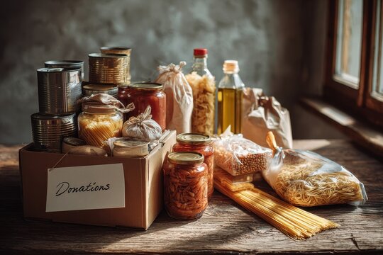 Donation scene with non-perishable groceries on a wooden table