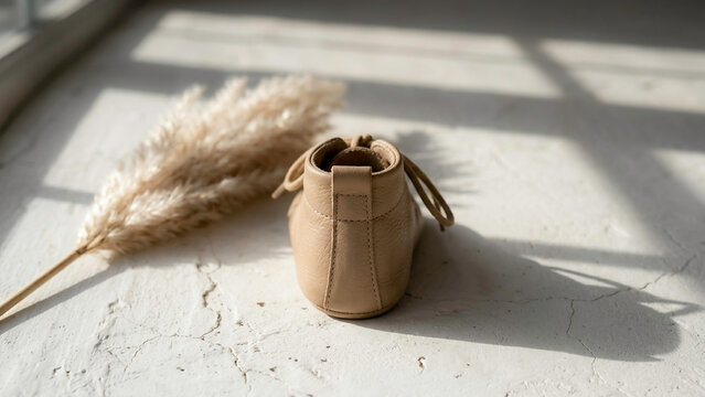 Soft leather baby bootie in warm beige tone displayed on cracked white concrete surface with dried pampas grass, natural sunlight casting gentle shadows.