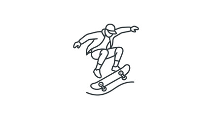 Fototapeta premium Line art of skateboarder performing mid-air kickflip trick.