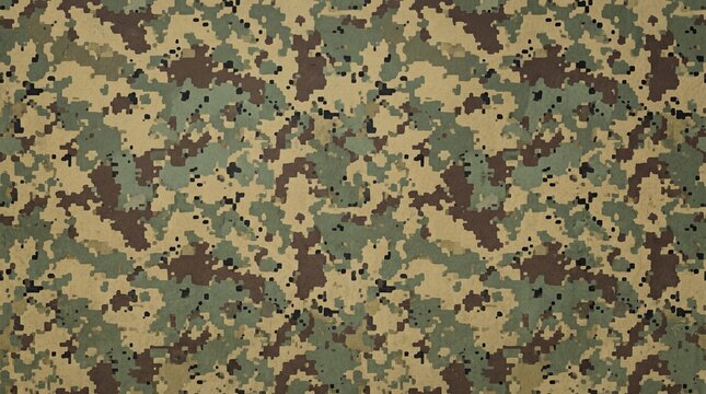 Seamless repeating digital woodland camouflage pattern with pixelated green, brown, tan, and black spots on a textured fabric backdrop.