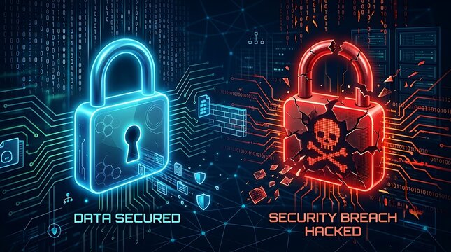 Comparison of secured data padlock and hacked red padlock with skull representing cyber security breach and digital protection concepts
