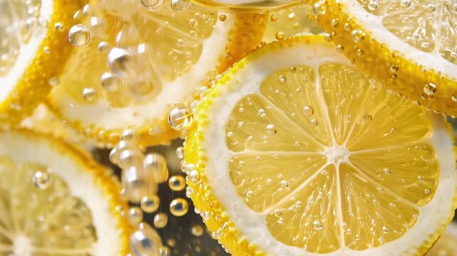 Fresh lemon slices in sparkling water with bubbles creating vibrant citrus beverage background texture
