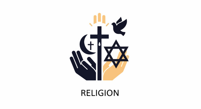 Religious symbols, crescent, cross, star, hands, dove, unity, peace