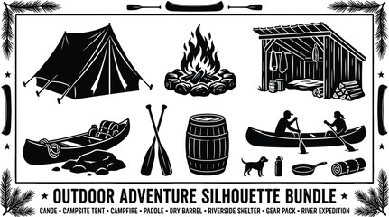 Outdoor adventure silhouette bundle with camping tent campfire canoe and paddles isolated on white background © Miss