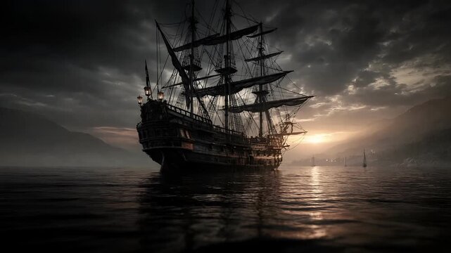 Europe medieval lifestyle. A dramatic, atmospheric portrayal of a pirate ship sailing on calm waters at sunset. The ship, adorned with numerous masts and rigging, is the main subject.