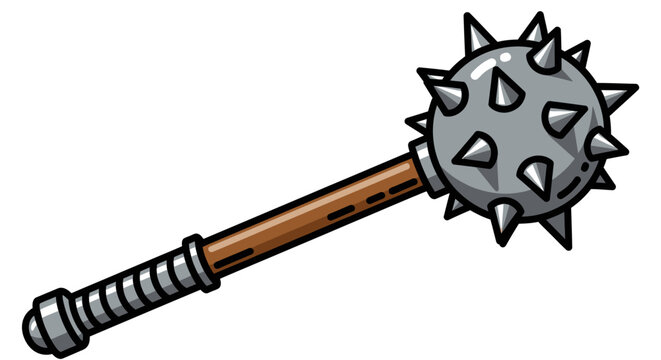 Medieval flail weapon illustration with spiked ball and wooden handle on white background