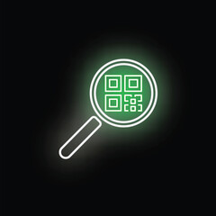Obraz premium Neon magnifying glass searching a green qr code on black background