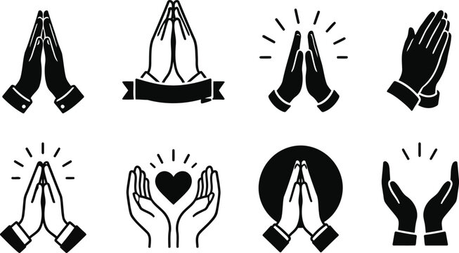 Praying hands and namaste vector icon set.