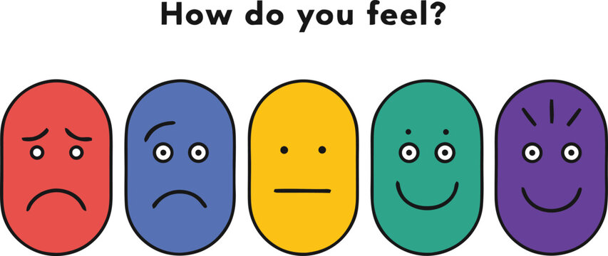 How do you feel question with colorful oval emoticons representing emotions