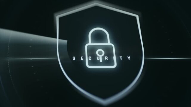 Motion graphic of a shield and padlock representing digital security concept