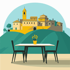 Obraz premium A quaint hilltop town with a table set for two in the foreground
