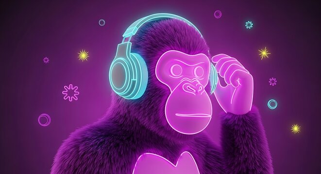 Neon Ape Vibing with Headphones Futuristic 3D Render on Purple Background.