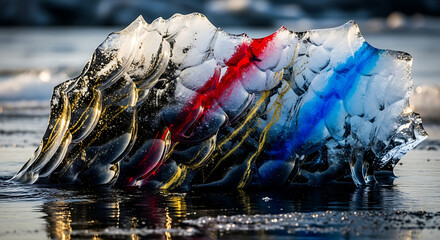 Fototapeta premium Vibrant red and blue light refracting through a crystal ice block on a dark frozen shore