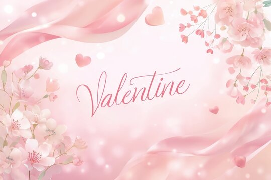 Elegant pastel pink banner design for Valentine greetings featuring cursive script and floral garlands