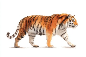 Obraz premium Elegant Tiger in Motion: Side-View Watercolor Illustration on White