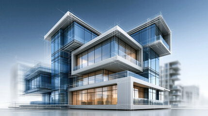 Fototapeta premium Modern architecture glass building office exterior urban design digital rendering blue sky contemporary style 3d illustration minimal structure cityscape Modern architecture glass building office