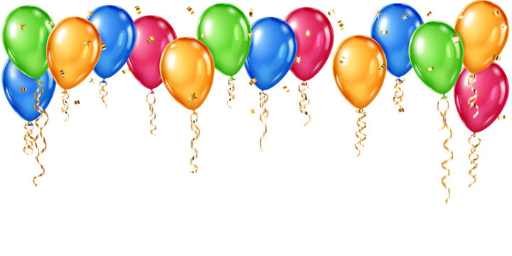 Multicolored balloons in various sizes float upwards, each adorned with shiny gold ribbons and confetti, against a plain white background, creating a festive atmosphere.