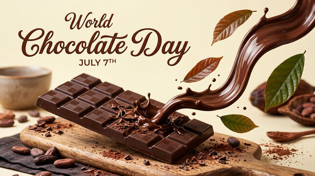 A delicious dark chocolate bar with smooth liquid splashing and floating green cocoa tree leaves