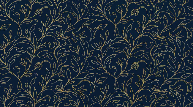 Seamless pattern with golden floral elements on a dark blue background
