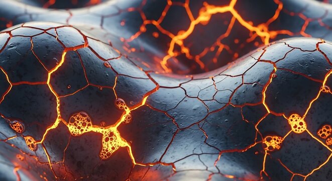 Glowing orange cracks on a dark surface with molten lava like texture