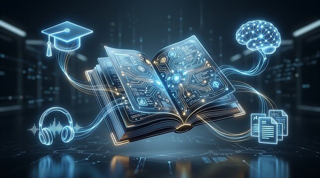 Digital education and e-learning concept with glowing and circuit board pattern on open book for modern knowledge sharing systems