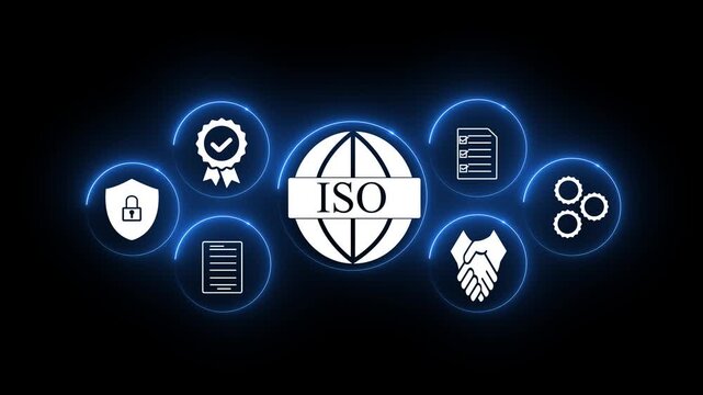Abstract futuristic ISO certification and quality management standard concept with glowing neon blue circular lines surrounding corporate business compliance icons on a black background