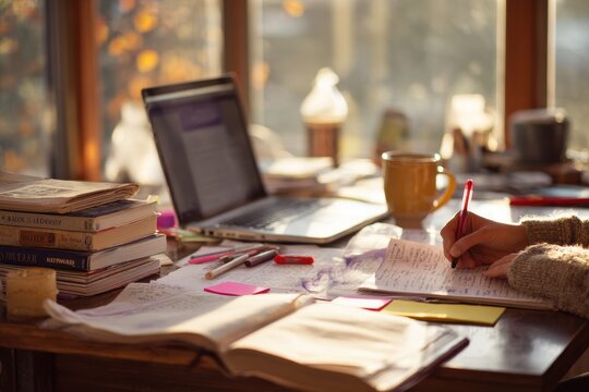 English essay planning scene: outline, grammar books, and study materials on a tidy desk