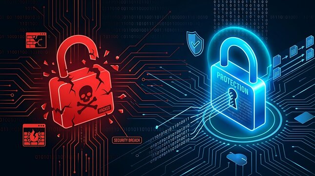 Digital security concept featuring a glowing blue protected padlock and a cracked red hacked padlock representing cyber security breach risks