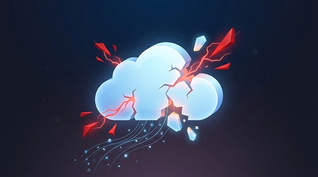 Exploding digital cloud with red lightning cracks and flying fragments representing a catastrophic cloud infrastructure failure and data breach