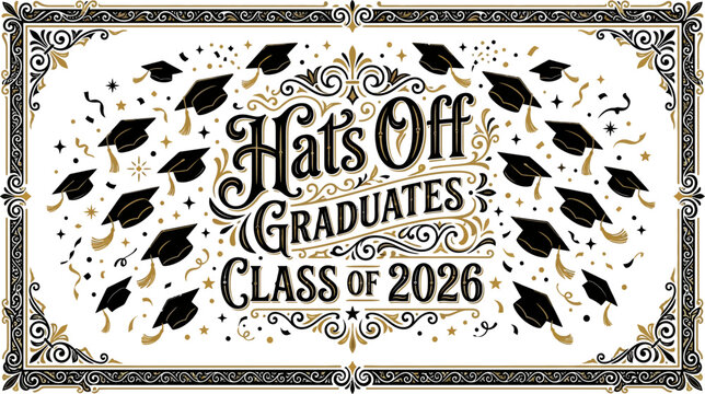 Graduation celebration banner with hats off to graduates class of 2026 and confetti on white background