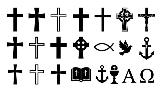 Various Christian religious symbols and icons on white background