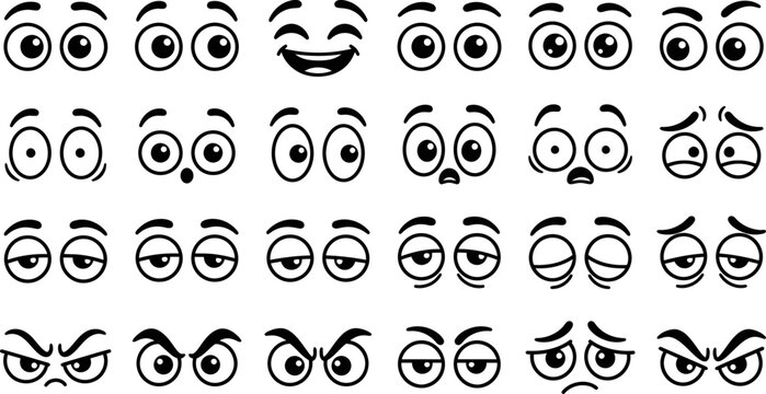 various cartoon eyes and eyebrows on white background for emoticons or emojis