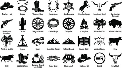 Western cowboy icons set including animals and objects  isolated on transparent background © Afia