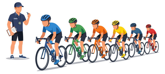 Fototapeta premium Kids Cycling Race Training with Coach Children Athletes and Instructor