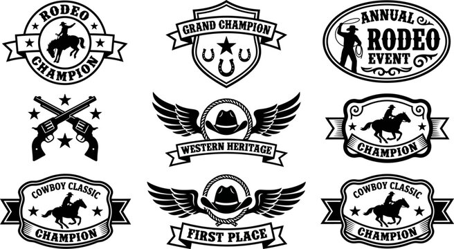 Western rodeo champion logos and icons set with cowboy hats horses guns and stars