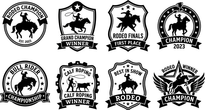 Rodeo champion labels and badges with cowboy silhouettes and ribbons  rodeo graphics