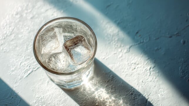 Clear glass filled with ice cubes and cold water on textured surface with sunlight casting shadow